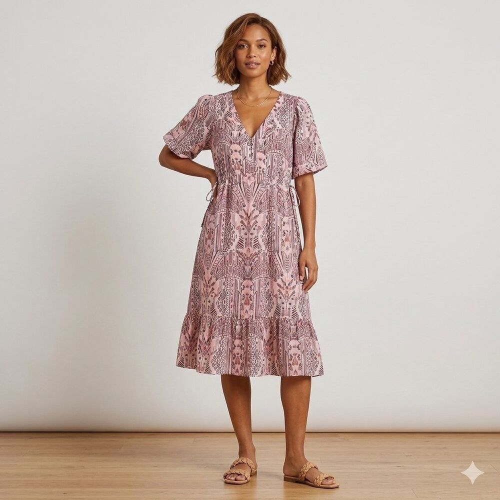 Odd Molly Anthropologie Floral Printed Midi Dress Ruffle Cotton Resort M 254967